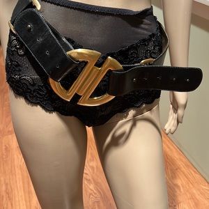 Omega Black Leather Belt With Large Gold Buckle Size M